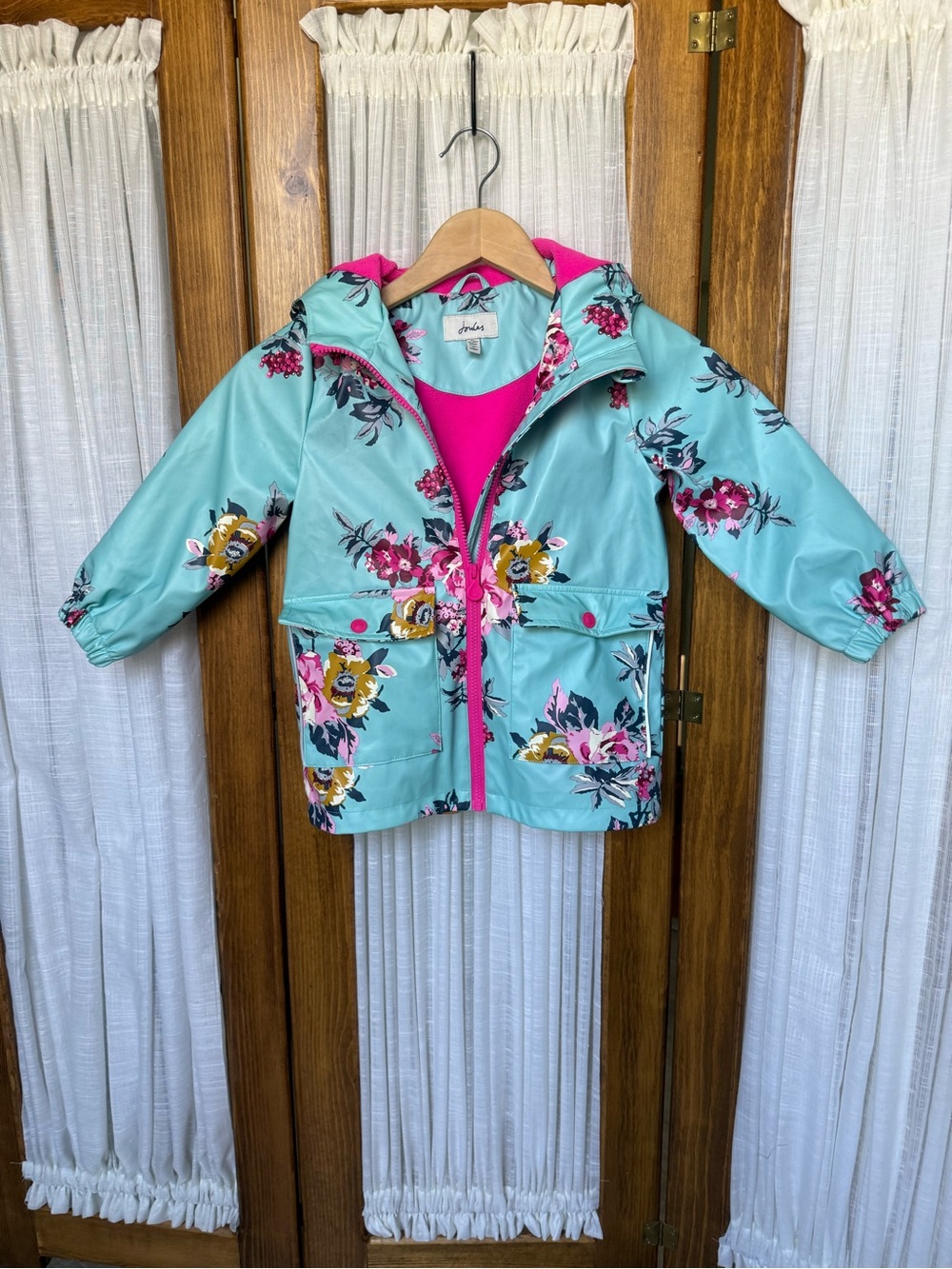 Girls Floral Hooded Rain Jacket - Aqua & Pink